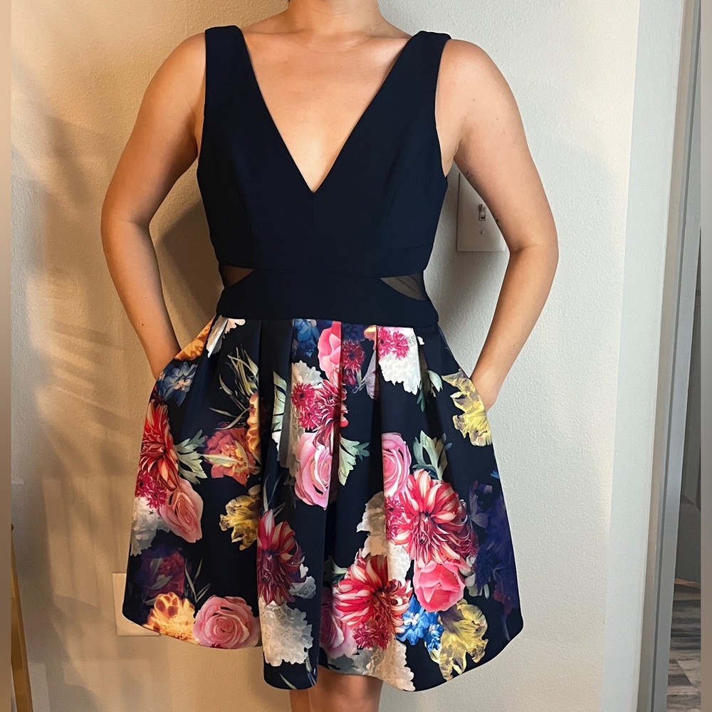 Xscape Navy Floral Pleated Semi Formal Dress